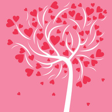 White Abstract Tree With Small And Big Pink Hearts On A Pink Background For Valentines Day 