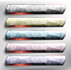 Wall Mural - Abstract vector web buttons set of 5. Horizontal crystal banners in pastel colors. Isolated with realistic, transparent glass shine and shadow on the light background. Vector illustration. Eps10.
