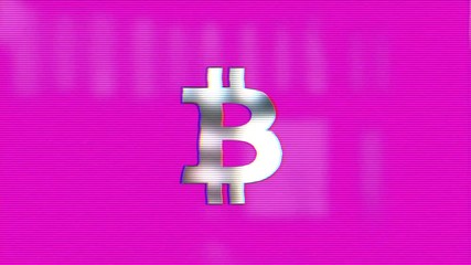 Aufkleber - Abstract animation of bitcoin currency sign. Crypto currency bitcoin. Global internet worldwide. purple background. TV noise