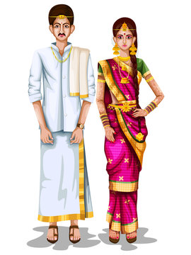 tamil wedding couple in traditional costume of tamil nadu, india