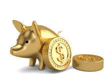 Piggy Bank And Big Gold Coins On White Background 3D Illustration.