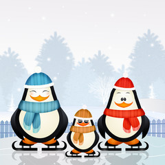 Sticker - illustration of penguins skating on ice in winter