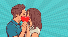 Young Couple Kissing Hollding Red Heart Shape Over Retro Pop Art Background With Copy Space Vector Illustration