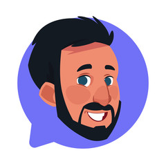 Poster - profile icon male head in chat bubble isolated, bearded caucasian man avatar cartoon character portr