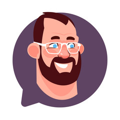 Poster - profile icon male head in chat bubble isolated, bearded caucasian man wearing glasses avatar cartoon