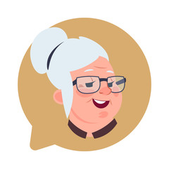 Poster - profile icon senior female head in chat bubble isolated, elderly woman avatar cartoon character port