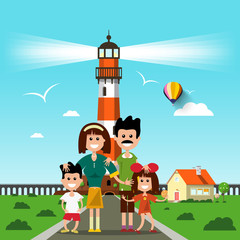 Sticker - Happy Family with Lighthouse on Background. Seashore Vector Flat Design Landscape.