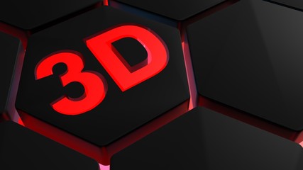 Poster - 3D in red light on backlighted hexagons - 3D rendering