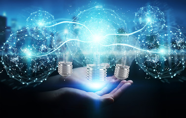 Poster - Businesswoman connecting modern lightbulbs with connections 3D rendering