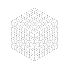 Poster - Geometric cube of smaller isometric cubes. Abstract design element. Science or construction concept. Black outline 3D vector object.