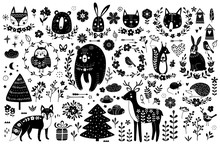 Vector Set Of Cute Animals: Fox, Bear, Rabbit, Squirrel, Wolf, Hedgehog, Owl, Deer, Cat, Mouse, Birds. Collection Of Graphic Elements: Flowers, Stars, Clouds, Arrows.