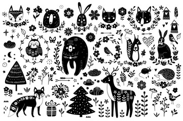 Vector set of cute animals: fox, bear, rabbit, squirrel, wolf, hedgehog, owl, deer, cat, mouse, birds. Collection of graphic elements: flowers, stars, clouds, arrows.