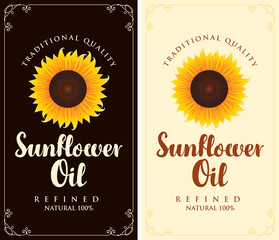 Set of two vector labels for refined sunflower oil with sunflower and calligraphic handwritten inscription in frame with curls