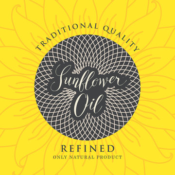 Square vector banner or label for refined sunflower oil with sunflower and handwritten inscription on a yellow background