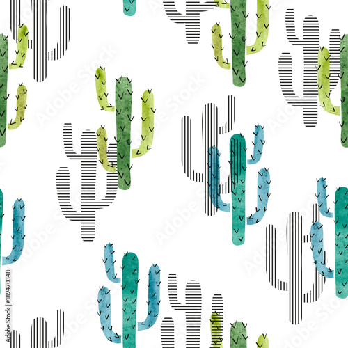 Obraz w ramie Seamless watercolor cactus pattern. Vector background with green and blue cactus isolated on white.