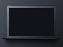 Modern Black Frosted Open Laptop On A Black Background. Realistic Mockup Laptop Front View. Vector Illustration