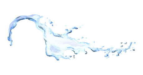 Splash and stream of water isolated on white background. Watercolor hand drawn illustration