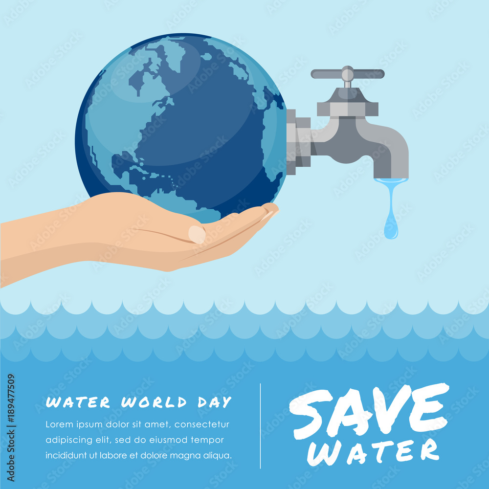 Water world day with hand hold faucet or water tap with a drop of water ...