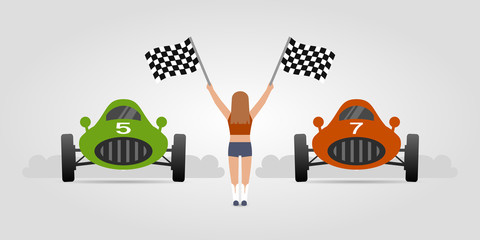 Wall Mural - Retro racing cars and girl with race flags