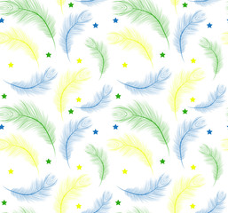  Brazil Carnival seamless pattern with feathers blue, yellow, green color. Repeating texture. Peacock feather endless background. Vector illustration