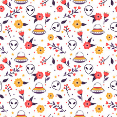 Wall Mural - Colorful floral seamless pattern with spaceships and alien faces