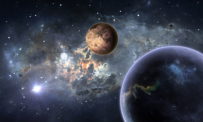 Wall Mural - exoplanets or extrasolar planets with stars on background nebula, 3d illustration