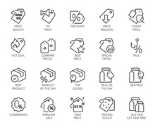 Set Of 20 Line Icons For Online Or Offline Stores, Shopping, Booking Sites And Mobile Apps. Graphic Contour Logo For Offers, Commerce, Black Friday Sale And Other Design Needs. Vector Isolated