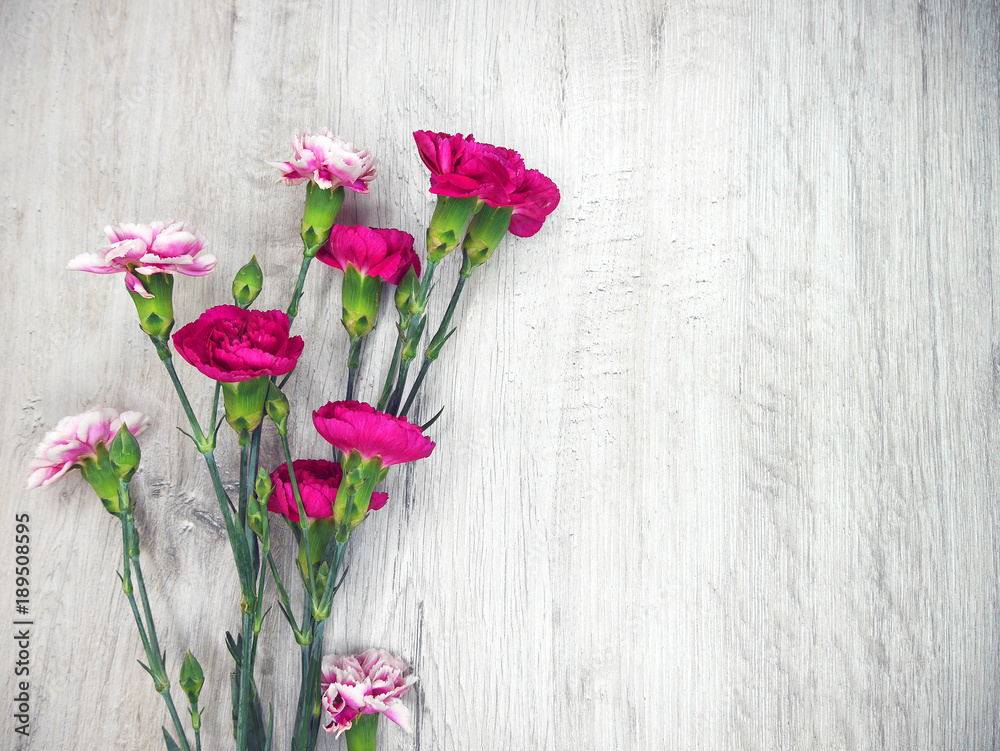 Flowers of carnations on a wooden light background - obrazy, fototapety, plakaty 