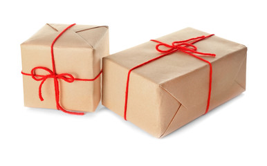 Two parcel gift boxes on white background