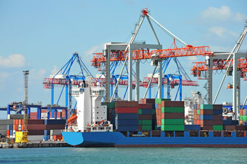 Port cargo crane, ship and container