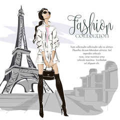 Wall Mural - Fashion woman near Eiffel tower in Paris, fashion banner with text template, online shopping social media ads with beautiful girl. Vector illustration