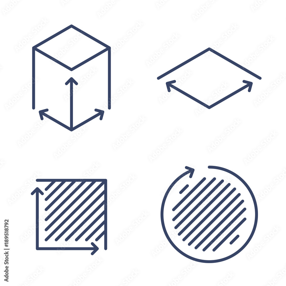 Size, square, area concept linear icons. Volume, capacity, acreage line symbols and pictograms. Size and square dimension and measuring vector outline icon set. Thin contour infographic elements. - obrazy, fototapety, plakaty 