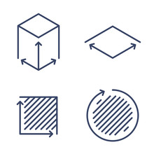 Size, Square, Area Concept Linear Icons. Volume, Capacity, Acreage Line Symbols And Pictograms. Size And Square Dimension And Measuring Vector Outline Icon Set. Thin Contour Infographic Elements.
