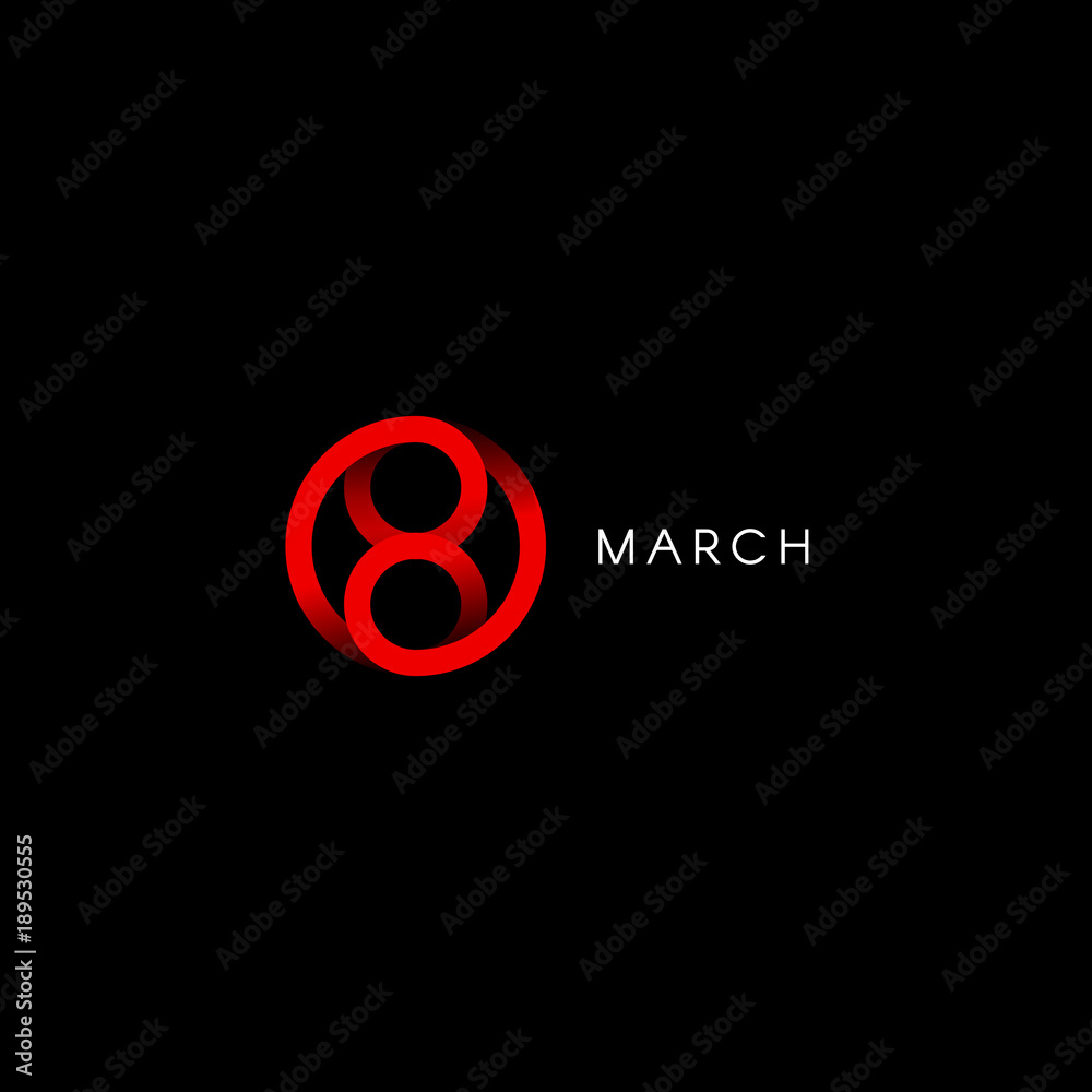 Eight march, happy international womens day, abstract minimal vector logo template on black background. - obrazy, fototapety, plakaty 