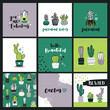 Set of cute cactus lover greeting cards. Collection of templates with succulents in flower pots, heart-shaped cacti and hand lettering phrases.