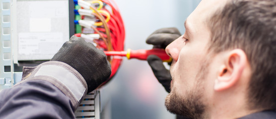 Wall Mural - closeup of electrician engineer works with electric cable wires