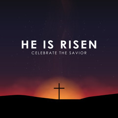 Christian easter scene, Saviour cross on dramatic sunrise scene, with text He is risen, vector illustration