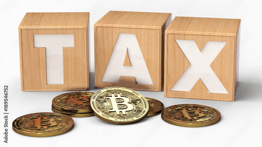 Wooden blocks with TAX letters on them and Bitcoin coins. 3D rendering