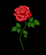 Embroidery red rose with stem. Vector embroidered floral design for fashion wearing.