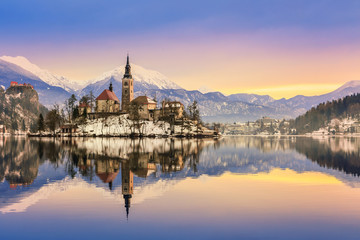 Canvas Print - Winter landscape Bled Lake, Slovenia