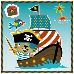 Wall Mural - adorable pirate cartoon on sailboat