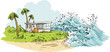 Cartoon of a relaxing tropical vacation destination being swamped by huge tsunami waves coming over a beach. 