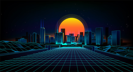 retro background landscape 1980s style. retro 80s sci-fi background city landscape.futuristic backgr