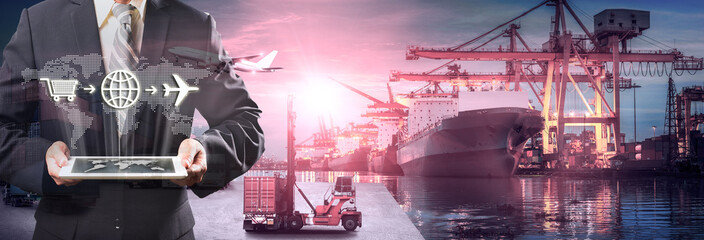 Business Logistics concept, Global business connection technology interface global partner connection of Container Cargo freight ship for Logistic Import Export background, internet of things