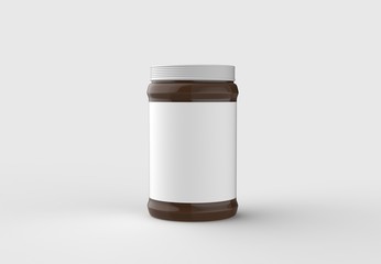 Chocolate spread in jar mock up isolated on soft gray background with white label. 3D illustrating.