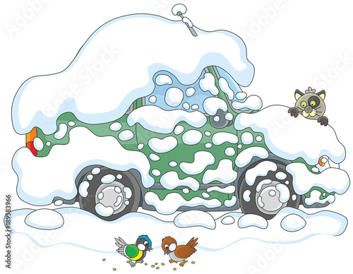 Funny Cat Watching Small Birds From Behind A Car Covered With Snow A Vector Illustration In Cartoon Style Buy This Stock Vector And Explore Similar Vectors At Adobe Stock Adobe Stock