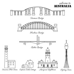 Australian landmark Macquarie Lighthouse, Sydney Tower, Tasman Bridge, Harbour, Bolte Bridge, Taroona Shot Tower, Captain Cooks Cottage hand drawn vector symbol isolated, decorative icon building