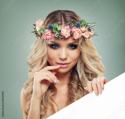 Spring Woman With Flowers Hairstyle Holding White Banner For Text