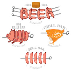 Set of color grill and BBQ labels or emblems isolated on white. Pork chicken and sausages on skewer