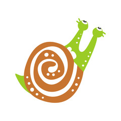 Sticker - Funny snail character crawling, cute green mollusk hand drawn vector Illustration